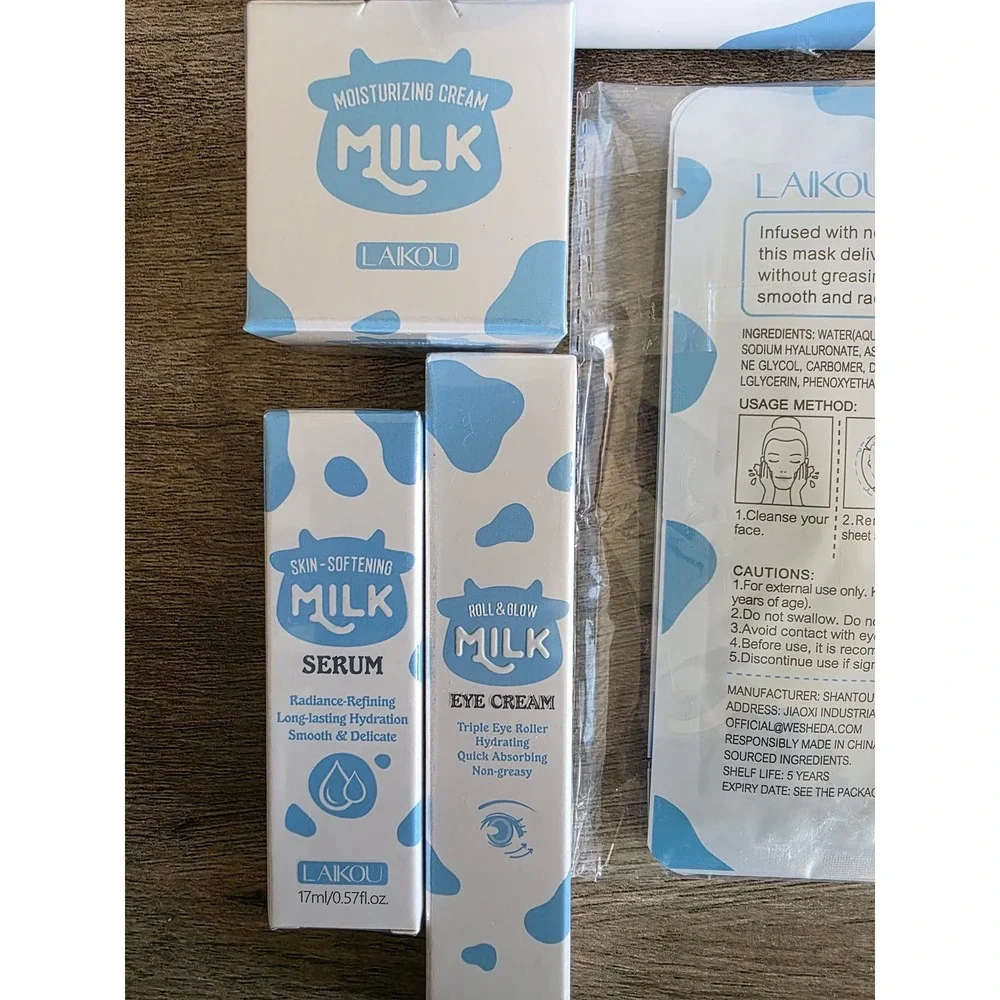 Laikou Milk Hydration Skincare Gift Set 7pc Cow Print Headband Serum Mask Cream